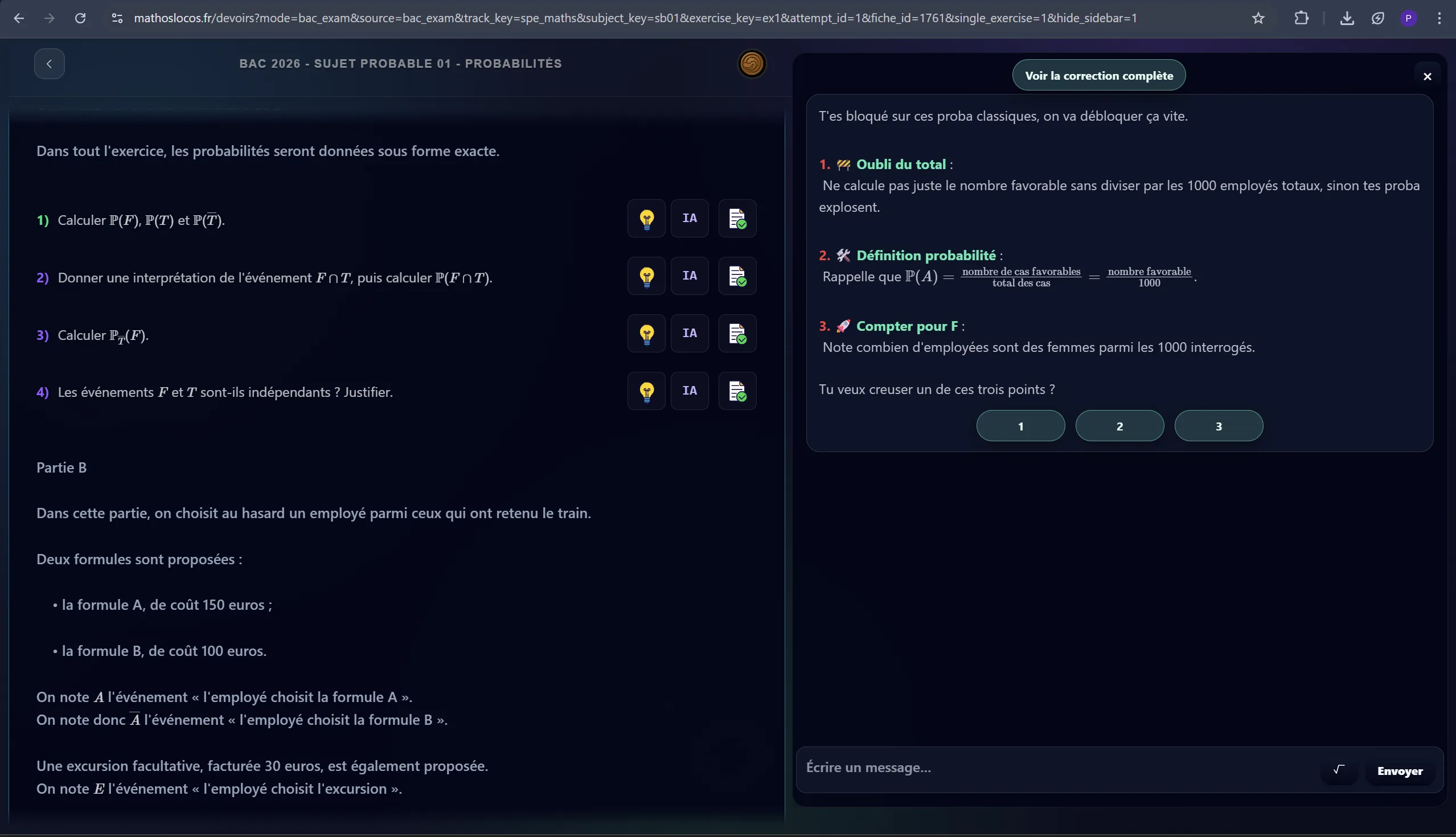 Aperçu réel de l'aide IA dans un exercice de probabilité
