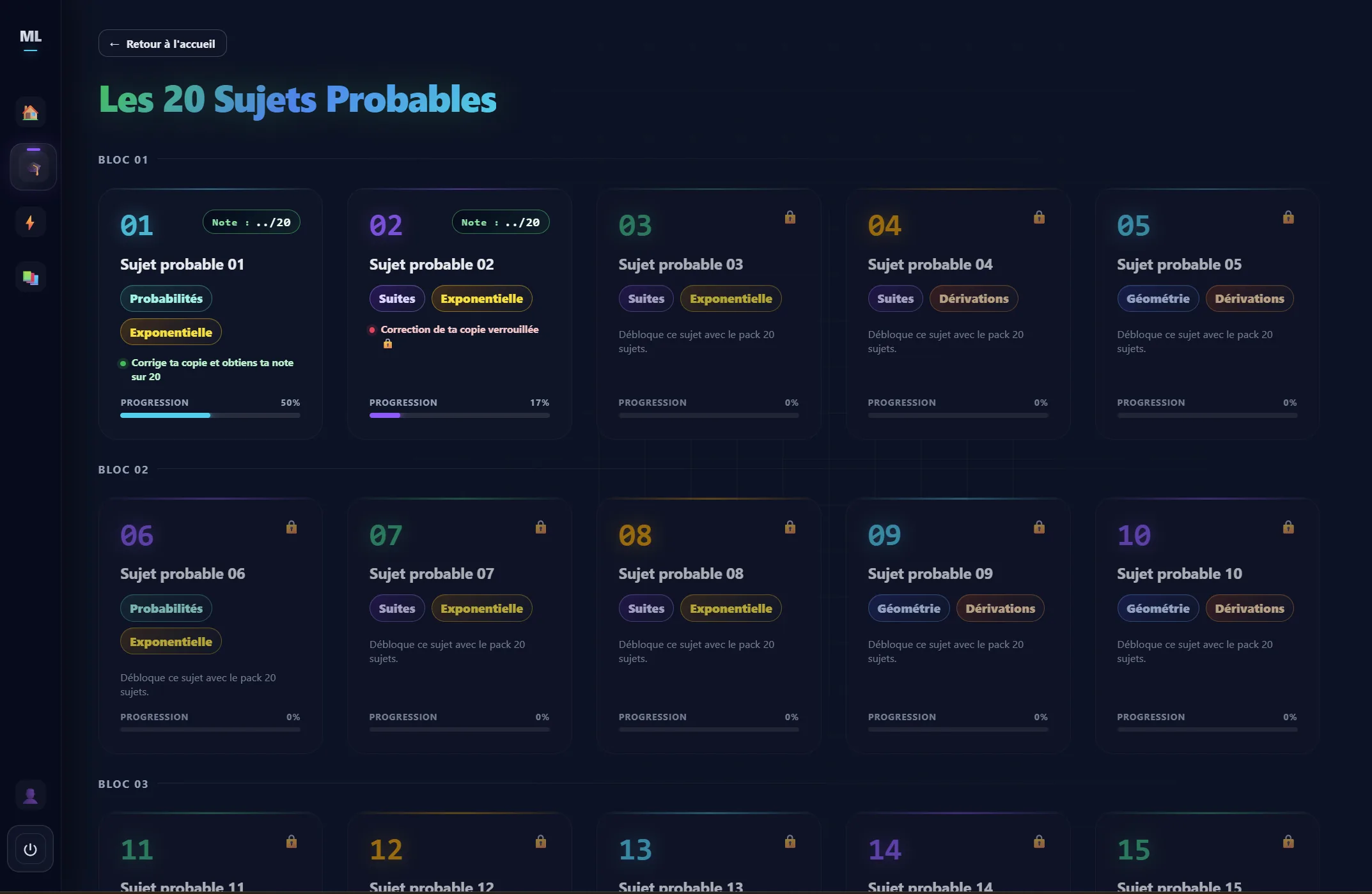 Aperçu réel de la page des 20 sujets probables Mathos Locos