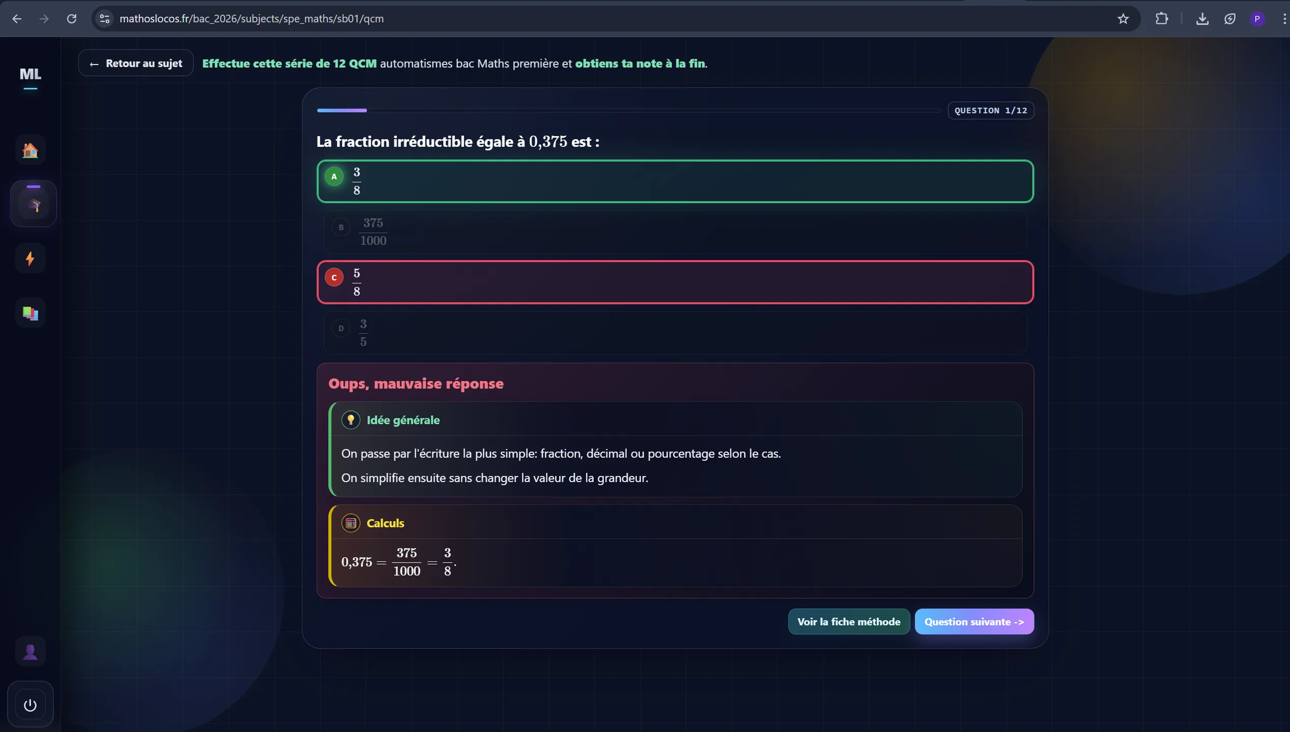 Aperçu réel du QCM automatismes avec correction immédiate